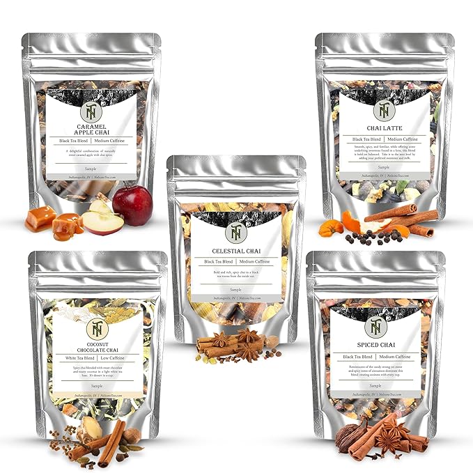 Nelson's Tea Chai Sampler Pack - 5 Flavors Variety Pack - Loose Leaf Tea Sampler - Caramel AppleChai, Celestial Chai, Chai Latte, Coconut ChocolateChai, Spiced Chai - Sample Sizes - Bloomnest