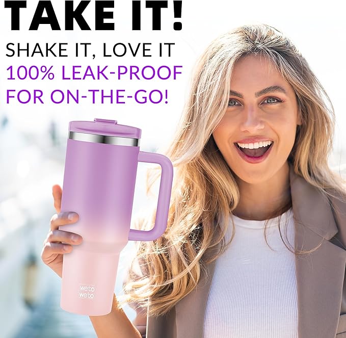 WETOWETO 40oz Tumbler with Handle | Insulated Stainless Steel Travel Mug | 34Hrs Cold & 10Hrs Hot Retention | 100% Leakproof Lid & Straw | Dishwasher Safe + Car Cup Holder Fit (Purple-Pink Gradient) - Bloomnest
