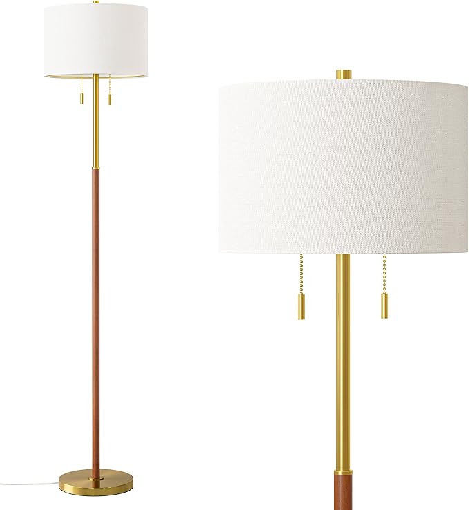 61" Wood Floor Lamp for Living Room 2-Light Standing Tall Lamps Mid Century Modern Floor Lamps for Bedroom Office Nursery Corner Industrial Reading Room Lamp, 3 Color Temperatures 9W Bulbs Included - Bloomnest