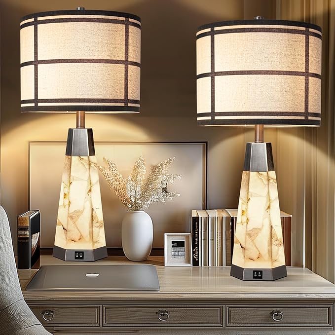 27" Natural Alabaster Table Lamps for Living Room, Bedroom Lamps Set of 2 with Night Light, Living Room Lamps with USB A+C Ports, Table Lamp with Linen Shade for Bedside (Bulbs Included) - Bloomnest