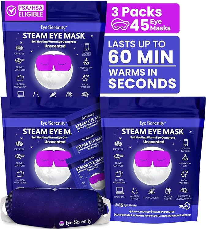 Steam Eye Mask by Eye Serenity Self-Heating Warm Compress, 45-Pack, Unscented, Dry Eye Relief, Perfect for Self-Care, Ideal for Office, Travel & Nightly Relaxation, Calm Sleep