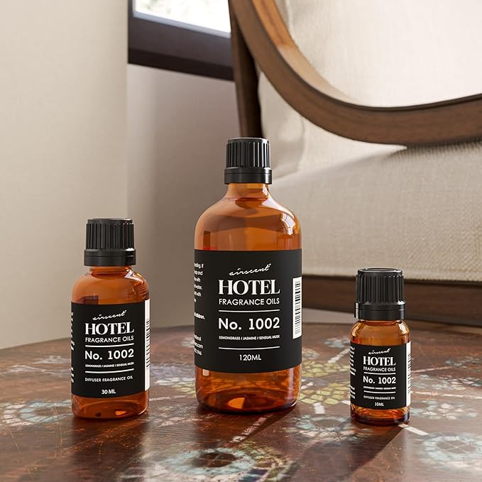 AirScent Hotel Diffuser Oil No. 1002 - Lemongrass Jasmine Amber - Hotel Scent Dupe - Premium Fragrance Oil for Ultrasonic and Waterless Diffusers and Crafting - 120 mL, 4 fl oz Glass Dropper Bottle Airscent