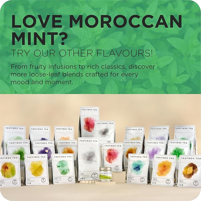 Tastings Tea Moroccan Mint Loose Leaf, 2 oz | Chinese Green Tea & Peppermint Blend | Light Caffeine | Crisp & Refreshing for Natural Digestion | Small Batch & Sustainably Sourced | Resealable Pouch - Bloomnest