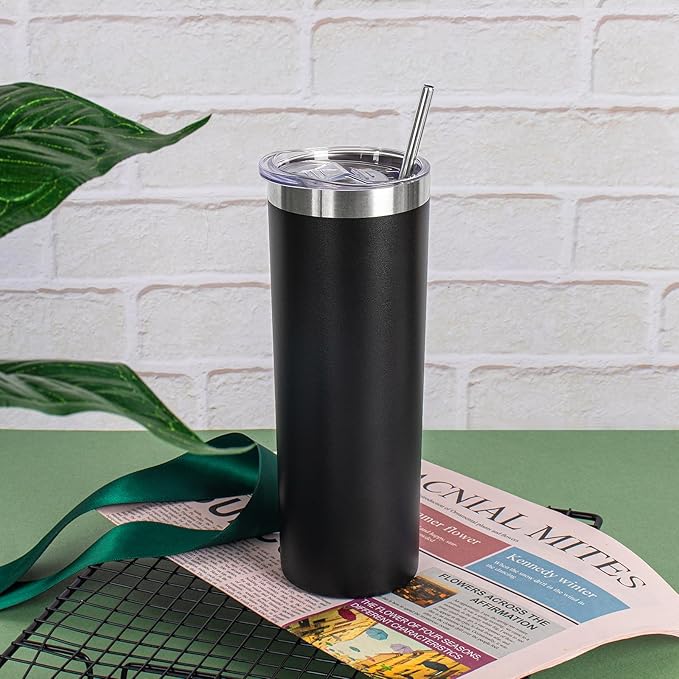 20 oz Skinny Tumblers with Lid and Straw,Stainless Steel Vacuum Insulated Tumbler Cup Double Wall Travel Coffee Mug, Thermal Water Tumbler for Hot and Cold Drinks(Black,4) - Bloomnest