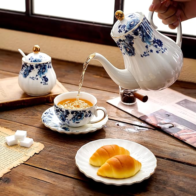 ceramic tea cup and saucer set of 4,floral teacup sets for Coffee, Latte, Cafe Mocha and Tea (Dark blue flowers) - Bloomnest
