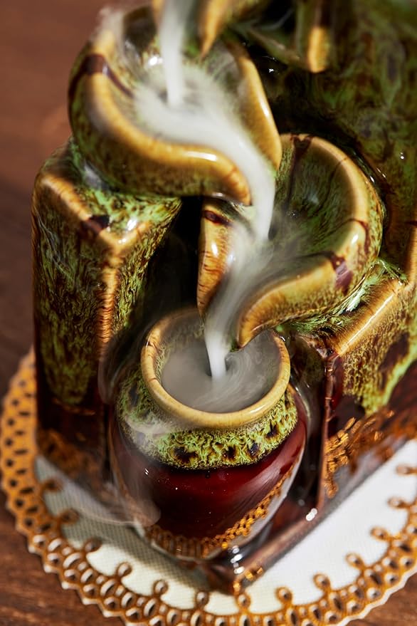 Unique Cascading Basins Ceramic Waterfall Incense Holder, Paired with a Pack of Backflow Incense Cones. (Fambe Green) - Bloomnest