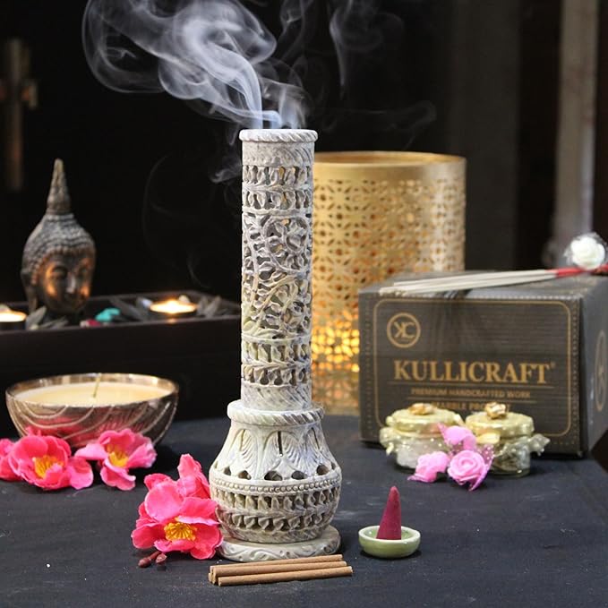 Carry Me Marble Soapstone Incense Stick Holder | Candle Burner | Tea Light Stand - Perfect Handmade Bottle Tower. Decorative Floral Carving for Gifting - Home and Office Decor - (2.5x2.5x10 Inches) - Bloomnest