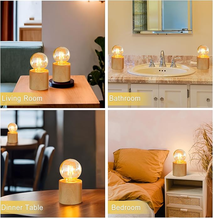 JHY DESIGN Set of 2 Wood Grain Table Lamp 6.5" Tall Cordless Lamp Light with Edison Style Bulb and 6 Hours Timer Battery Operated Lamp Great for Living Room Weddings Parties Patio Indoors Outdoors
