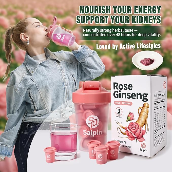 SAIPIN Ginseng Rose Tea with Shaker Bottle– Instant Herbal Kidney Tea for Energy & Beauty | 20 Pack Organic Adaptogen Rose Ginseng for Women & Men | Caffeine-Free, Sugar-Free | Detox - Bloomnest