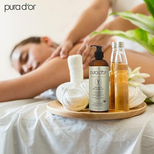 PURA D'OR 16 Oz ORGANIC Massage Therapy Oil USDA Certified Almond, Apricot, Argan, Ginger, Jojoba, Lavender Oils For Silky & Softer Skin - Body Moisturizer & Skin Lubricant - Aromatherapy & Relaxation - Bloomnest