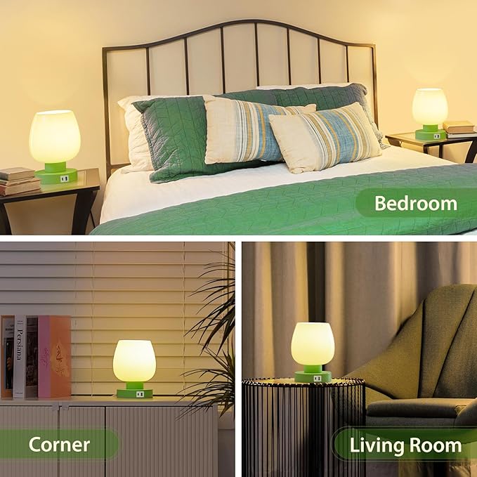 Touch Bedside Table Lamp with USB Charging - Modern Green Small Lamp for Bedroom Living Room Nightstand, Desk lamp with Glass Lamp Shade, Warm LED Bulb Included, 3 Way Dimmable, Simple Design - Bloomnest