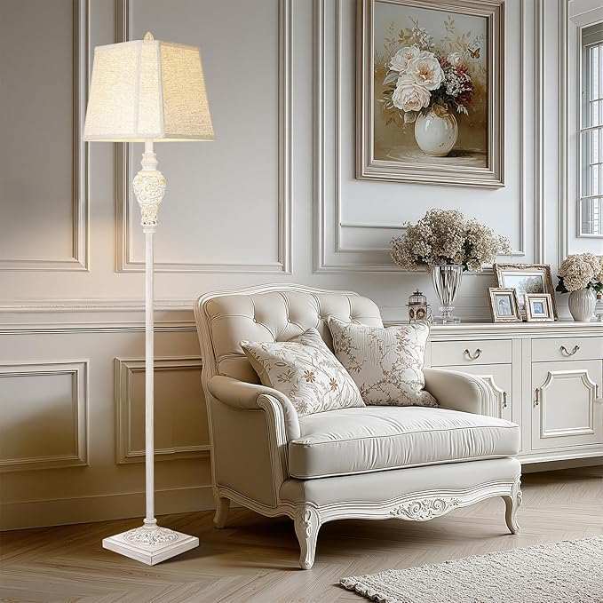 Floor Lamp for Living Room, Vintage Standing Lamp with Nightlight, 65" Tall Lamp with White Linen Shade, Farmhouse Rustic Floor Lamp for Bedroom, Office, Corner (LED Bulb Included) - Bloomnest