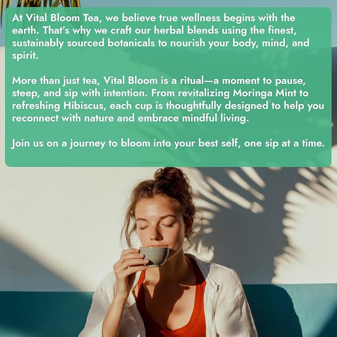 Vital Bloom 120 Tea Bags Moringa Tea, 100% Natural Moringa Leaves Herbal Tea, Supporting Digestion & Immune System - Bleach Free Tea Bags, Non-GMO (Free Bamboo Tongs Included) - Bloomnest