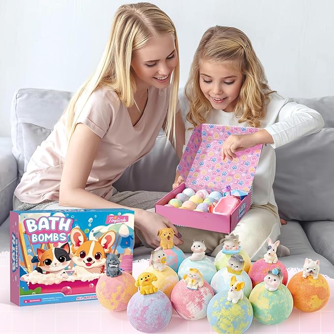 Bath Bombs for Kids with Surprise Inside for Girls Boys, 12 Pack Kids Bath Bombs with Dog & Cat Toys Pretend Playset Handmade Bubble Bath Fizzies Birthday Christmas Gift Set - Bloomnest