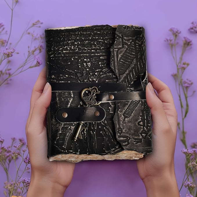 LEATHER VILLAGE Genuine Leather Handmade Journal for Men & Women – Vitruvian Man Embossed Cover – Key Closure – Book of Shadow – Vintage Deckle Edge Paper for Writing, Drawing – 7x5 Inches – Black - Bloomnest