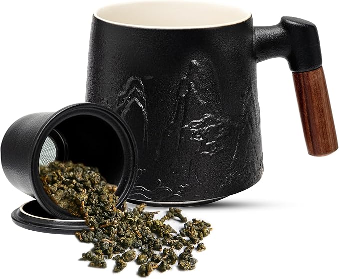 suyika Ceramic Tea Cup with Infuser and Lid, Gradient Embossed Large Tea Mug Wooden Handle for Steeping Loose Leaf, Tea Lover Gifts 15.2 oz / 450 ml,Matte Black