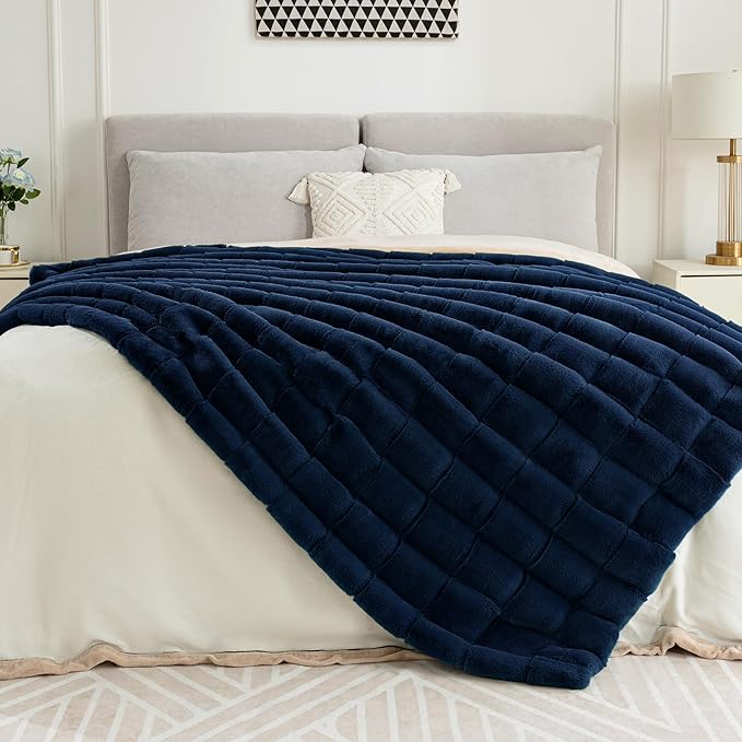 Touchat Faux Fur Blanket Twin Size, Luxury 1000GSM Ultra Thick Warm Rabbit Blanket for Couch Bed Sofa, 3D Checkered Pattern Soft Winter Heavy Minky Blankets for Women Christmas Birthday Gift, Blue - Bloomnest