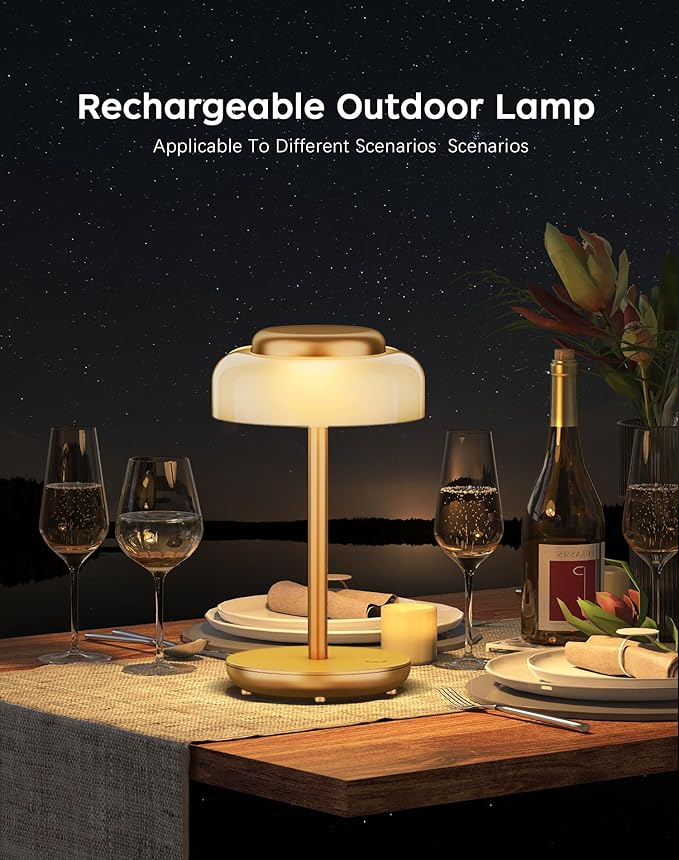 QiMH Battery Operated LED Table Lamp, 5000mAh Rechargeable Cordless Lamp Set of 2, Stepless Dimmable Touch Control, Small Waterproof Desk Night Light for Living Room, Bedroom, Outdoor Bar (Gold) - Bloomnest