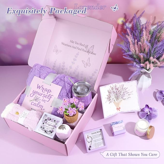 Valentines Day Gifts for Her Birthday Gifts for Women ,Self Care Get Well Soon Gifts Baskets Lavender Spa Kit Bath Set Gifts for Mom Girlfriend Wife Daughter Sister Best friend w/ Blanket - Bloomnest