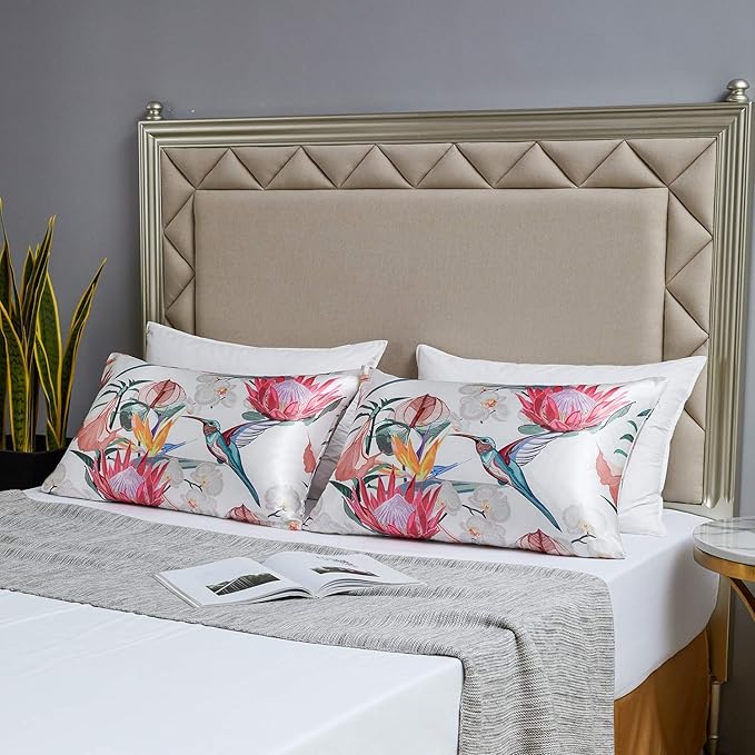 MR&HM Satin Pillowcase for Hair and Skin, Silk Satin Pillowcase 2 Pack, Standard Size Pillow Cases Set of 2, Silky Pillow Cover with Envelope Closure (20x26, Floral Bird) - Bloomnest
