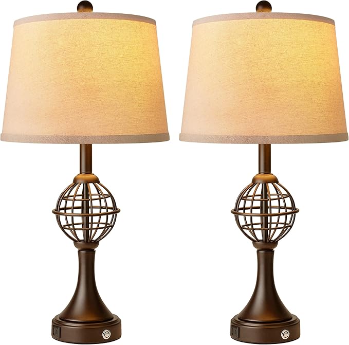 Table Lamps for Living Room Set of 2, Farmhouse Touch Lamps for Nightstand with USB A+C, 26.5" Rustic Bedside Lamp for Bedroom End Tables - Bloomnest
