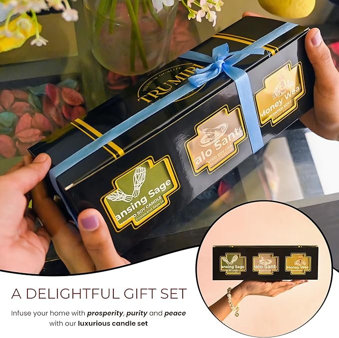 Cleansing Sage, Palo Santo, Money Wealth - Soy Candles Non Toxic - Highly Scented Long Lasting with Essential Oils - Variety Pack of 3 x 5oz - for Home Aromatherapy Meditation Gift Travel TRUMIRI