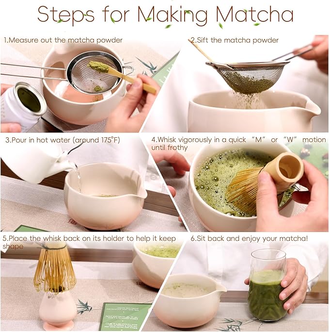 Matcha Whisk Set, Ceramic Matcha Set Includes Bowl & Holder, Bamboo Whisk (Chasen), Scoop, Spoon and Sifter, 6PCS Matcha Kit Covers Everything Needed for Making Matcha (Pink) - Bloomnest