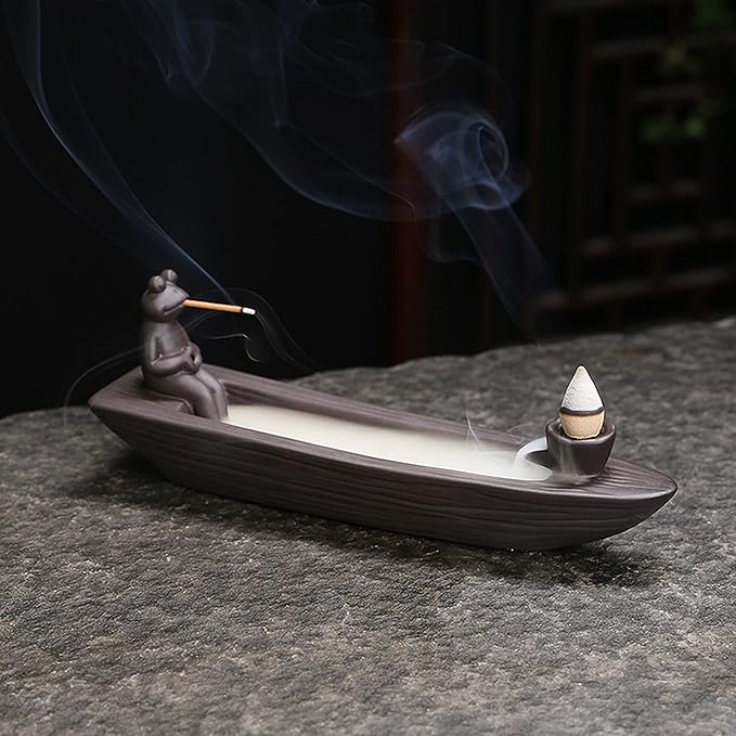 ChangWanna Frog Incense Holder Waterfall - Ceramic Cone Backflow Incense Burner Smoke Fountain, Back Flowing Incense Diffuser with 45 Sticks & 12 Cones, Frog Ornament for Aromatherapy/Yoga/Home Decor - Bloomnest