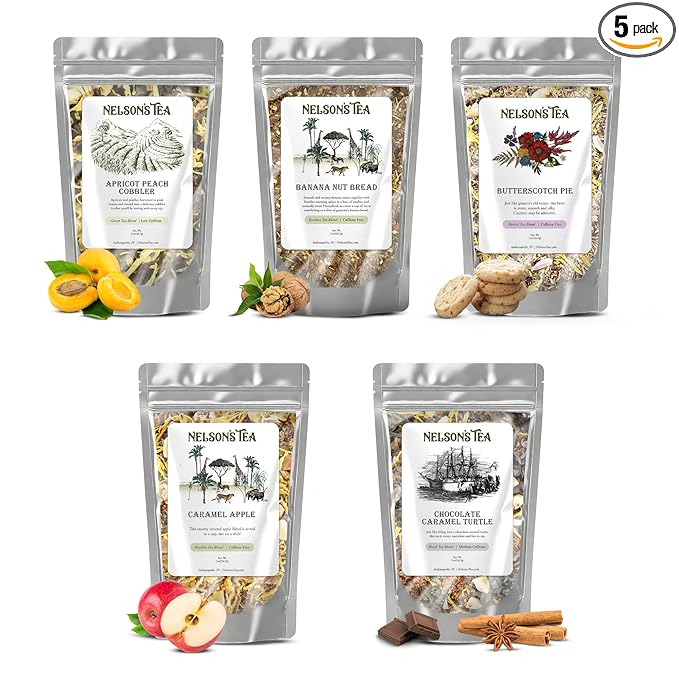 Nelson's Tea Dessert Sampler Pack Tea - Loose Leaf Tea Sampler - Apricot Peach Cobbler, Banana Nut Bread, Butterscotch Pie, Caramel Apple, Chocolate Caramel Turtle - 2 Oz Sizes - Bloomnest