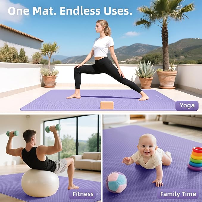 Thick TPE Yoga Mat 72"x48" - 6/8/10/12mm Extra Cushion for Joint Support & Comfort, Non-Slip Texture, Durable & Waterproof, Includes Bag, Strap & Towel for Home Workout, Pilates & Yoga - Bloomnest