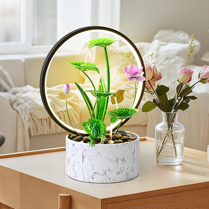 Green Desktop Waterfall Style Indoor Fountain, Medium-Sized Metal Strip LED Light Relaxation Fountain, Zen Relaxation Water Feature Fountain - Bloomnest