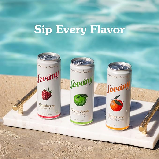 Sovány Flavored Sparkling Water, Variety Pack, Seltzer Water Drinks, USDA Organic, Made With Real Fruit, Non-GMO, Vegan, No Added Sugar, Low Calorie, Tangerine, Raspberry & Green Apple, 12 fl oz, 12 Pack - Bloomnest