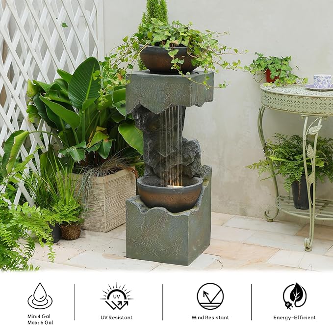 37.4''H 2-Tiered Rainfall Bowl Garden Water Fountain with LED Lights and Pebbles, Modern Crackled Stone Feature Waterfall for Porch, Deck, Yard, Patio, and Home Décor - Bloomnest