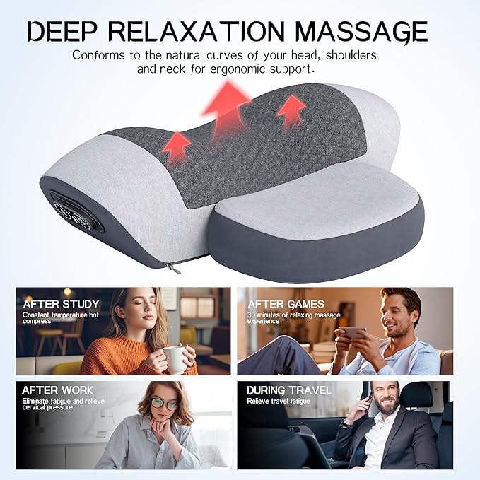 JINXIA Pillow Massage Neck Hump –Fisiorest 3-in-1 Neck Massager Pillow with Heat, Deep Tissue Relief & Neck Traction, Cervical Support & Hump Corrector for Women and Men, Memory Foam Support(Grey)