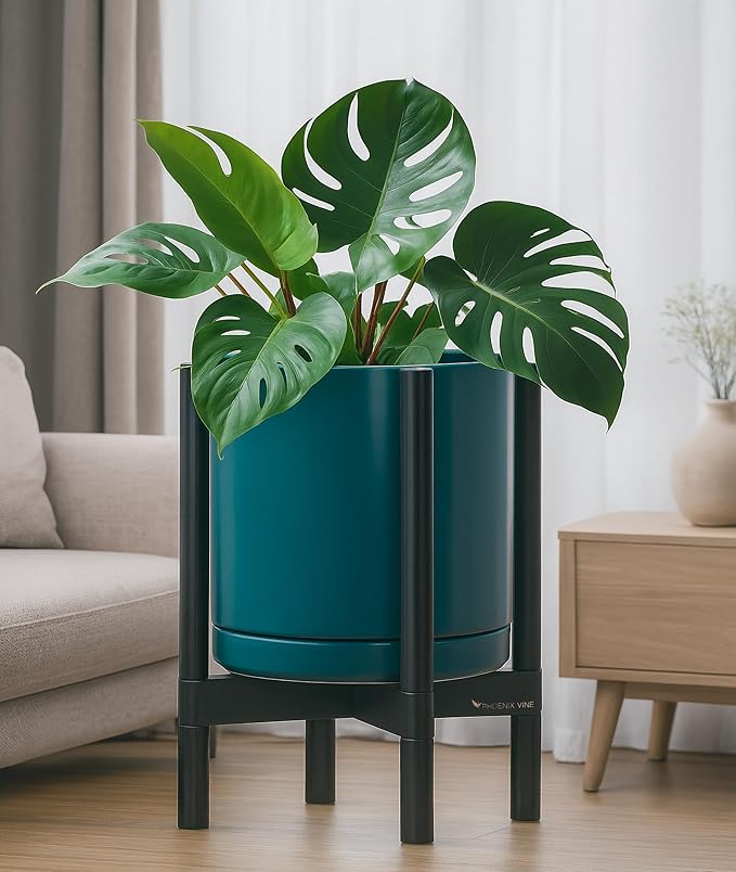 D'vine Dev Ceramic Planter with Ebony Stand - 12 Inch Modern Round Flower Pot with Wood Planter Holder, Teal, 55-B-H-4 - Bloomnest