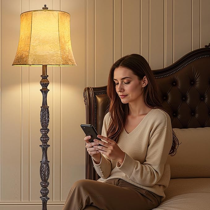 Scenekoy Vintage 66” Tall Floor Lamp for Living Room Bedroom, Retro Resin Carved Standing Lamp with Faux Leather Shade, 3-Way Adjustable Bulb, Rotary Switch Rustic Corner Light for Home Decor - Bloomnest