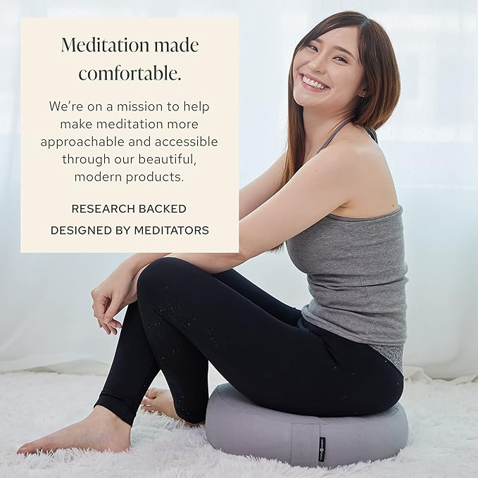 Mindful & Modern Large Meditation Cushion | Zafu Yoga Bolster Meditation Floor Pillow Seat | Buckwheat Hull Filled Crescent Shaped Cushion with Removable Washable Cover + Carry Handle - Bloomnest