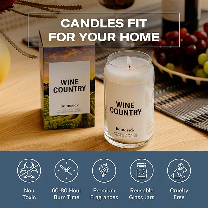 Homesick Scented Candles for Home (Wine Country) - 13.75 oz Long-Lasting Soy Wax Blend Jar Candle Gifts for Women & Men, 60-80 Hours Burn Time - Notes of Grapevines, Santal & Lily of The Valley - Bloomnest