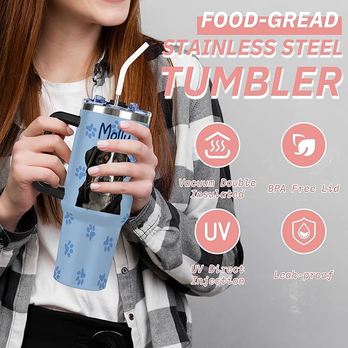 Personalized Tumbler with Dog Pet Photo Face & Name, Custom 40oz Funny Tumblers with Handle and Straw Lid, Gag Gifts For Birthday Christmas, Insulated Stainless Steel Travel Coffee Mug - Bloomnest