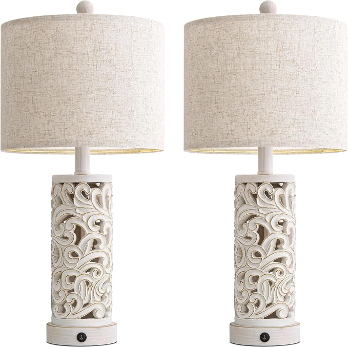 OYEARS 22'' Table Lamp Set of 2 for Living Room,Farmhouse Lamp for for Bedroom,Vintage Retro Bedside Lamps with USB Ports Linen Shade for Home Office (Wash White, Bulb Included) - Bloomnest