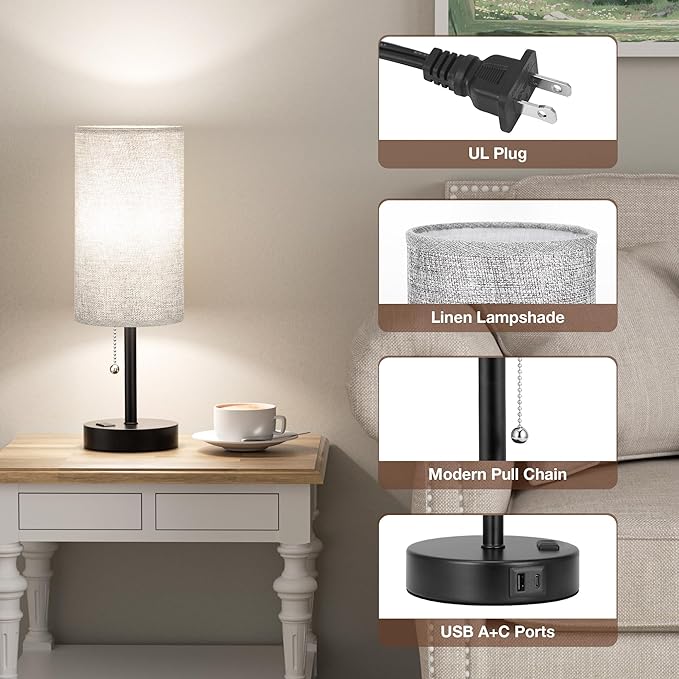 17.4Inches Grey Bedside Lamp for Bedroom Nightstand - Tall Table Lamp with USB A + C Charging Port & AC Outlet, 3 Color Temperatures Pull Chain Light, Side Table Desk Reading Lamp for Living Room - Bloomnest