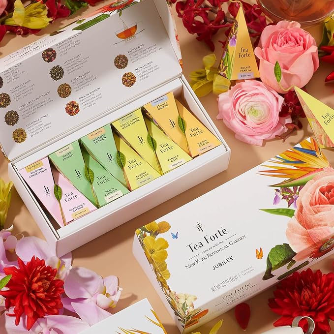 Tea Forte Jubilee Presentation Box Tea Gift Set Sampler, 20 Count 2 of Each Variety Individually Wrapped Handcrafted Pyramid Infuser Bags - Bloomnest