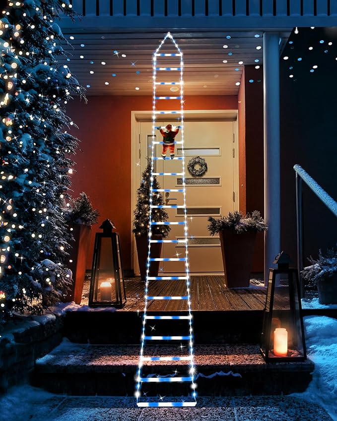 Toodour LED Christmas Lights - 10ft Christmas Decorative Ladder Lights with Santa Claus, Xmas Decorations Light for Indoor Outdoor, Window, Garden, Home, Wall, Xmas Tree Decor - White & Blue - Bloomnest