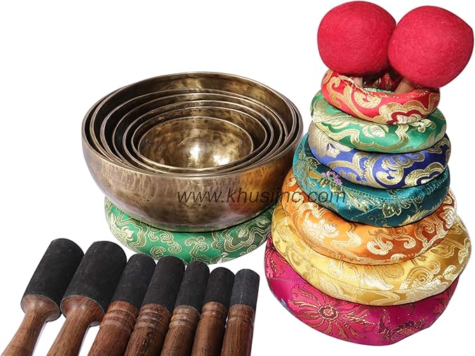 Singing Bowl set of 7,Antique~ Hand hammered Seven chakra Singing Bowls,for chakra healing, meditation, Zen-practice .Crafted in Nepal. Khusi+Inc