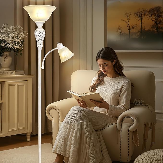 Torchiere Floor Lamp with Adjustable Reading Light, 72" Tall Vintage Lamp with White Glass Shade, Farmhouse Standing Lamp, Rustic LED Floor Lamp for Living Room Bedroom Office Corner, Bulbs Included - Bloomnest