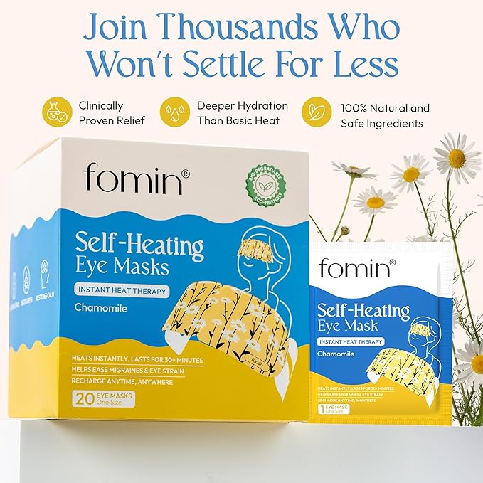 Fomin Self Heating Eye Mask - 20 Pack - Chamomile Heated Eye Mask Warm Compress for Eyes, Disposable Self Heating Steam Mask for Home, Sleep, Spa, Travel Essentials & Relaxation Gifts for Women