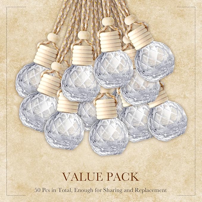 BBTO 50 Pcs Hanging Car Air Freshener Car Diffuser Bottles Empty Glass Perfume Bottle Freshener Diffuser Bottle Pendant for Essential Oil Fragrance Aromatherapy Bottle Ornament(Round Diamond) - Bloomnest