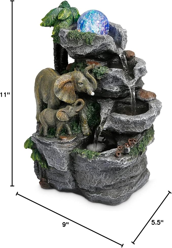 Dyna-Living Elephant Water Fountain Indoor Desktop Fountain Waterfall with Colorful LED Light Tabletop Water Fountain for Desk Office Relaxing Inside Water Feature - Bloomnest