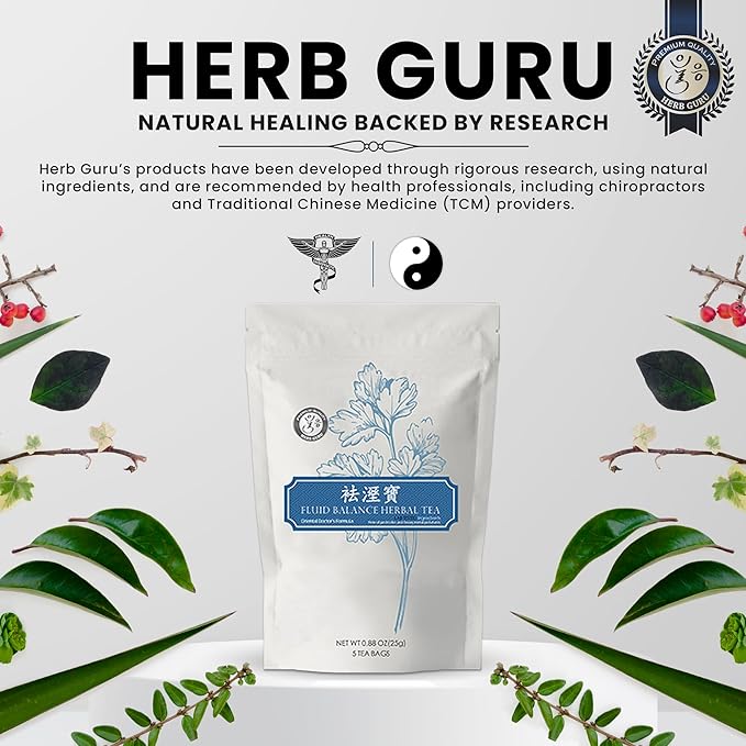 Herb Guru Fluid Balance Herbal Tea Bags – Healthy Fluid Metabolism & Digestive Balance with Atractylodes, Poria, Citrus Peel – Caffeine Free Tea, 0.88 Ounces