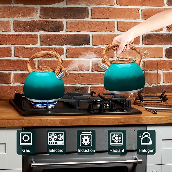GGC Tea Kettle for Stove Top, 3.1QT/3L Whistling Tea Kettles for Boiling Water Coffee or Milk, Gradient Green Tea Pot with Wood Parttern Handle, Stainless Steel Tea Pot for Home and Kitchen - Bloomnest